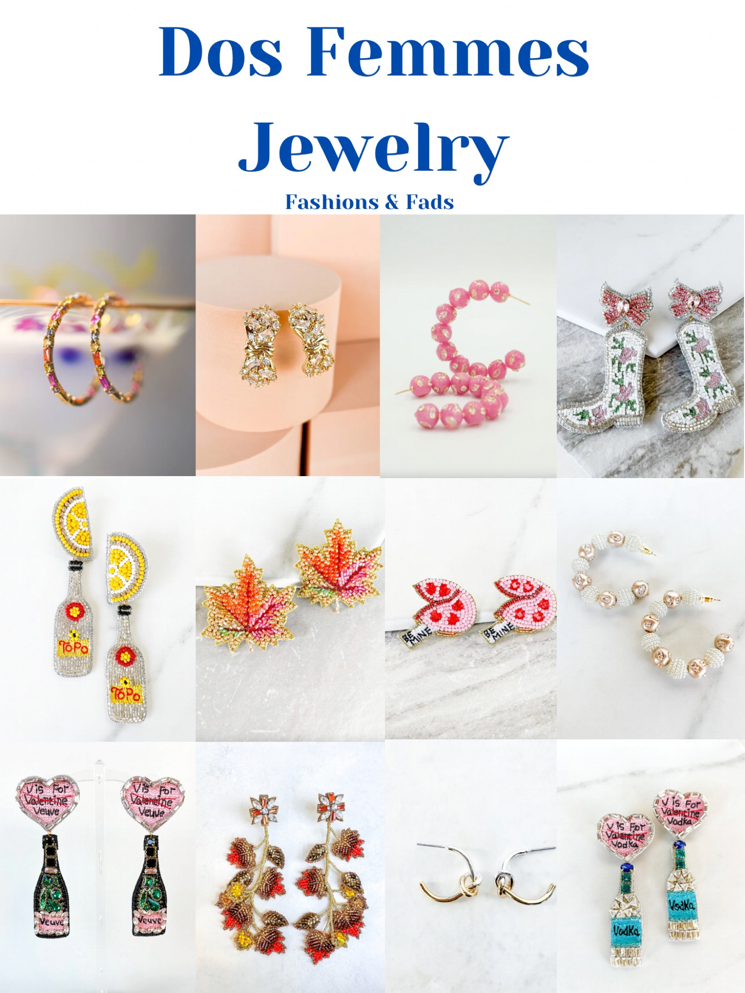 Dos Femmes handmade jewelry!



Pearl earrings
Hoop earrings 
Statement earrings
Beaded earrings
Beige hoops
Lulu
Topo chico earrings
Lemon earrings
Drink earrings
Seltzer earrings
Maple leaf earrings
Fall jewelry
Summer jewelry
Fall earrings
Accessories
Valentine’s Day earring Valentine’s Day accessories
Fortune cookie earrings
Be mine
Pink hoop
pink beaded hoops
Gold knot hoops
Luxe
Diamond hoops
Gold plated
Jewel hoops
Colored earrings
Colored hoops
Veuve cliquot earrings
V is for veuve
Valentine’s Day
Changing seasons
Leaf
Tree branch
Knot earrings
Mixed metal
Hoops
Gold and silver
Vodka earrings
V is for vodka
Tito’s
Boot earrings
Cowboy boot earrings
Bow earrings
Floral earrings
Flower earrings
Special jewelry


#LTKstyletip #LTKfindsunder100 #LTKfindsunder50
