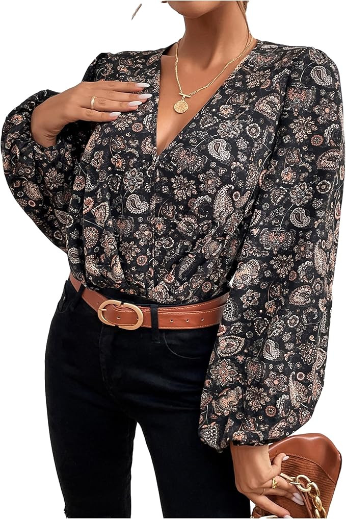 Floerns Women's Floral Print Lantern Long Sleeve V Neck Bodysuit Leotard | Amazon (US)