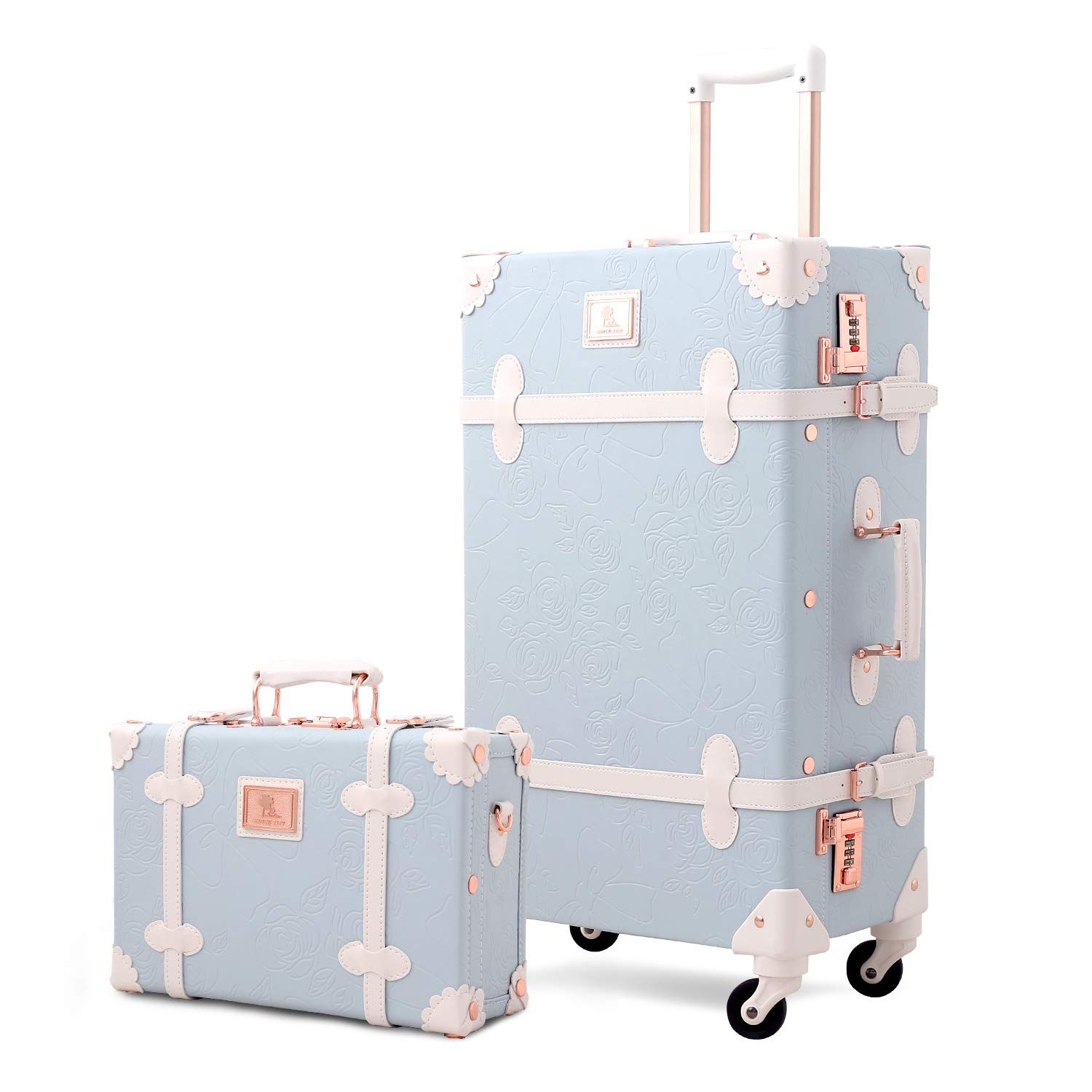 Unitravel Vintage Luggage Set Rolling PU Trunk Suitcase with Handbag (Blue, 26inch+12inch) | Amazon (US)