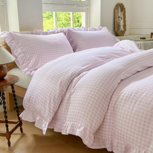 NSNLGSGC Pink Gingham Ruffle Duvet Cover Queen Size, 3 Pieces Soft Pre-Washed Microfiber Checked Plaid Comforter Cover Set, Vintage Farmhouse Bedding Set(Pink Gingham, Queen 90"x90") | Amazon (US)