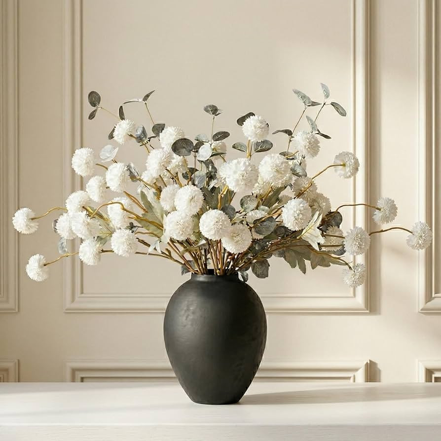 RyddeligHome White Faux Kiku Flowers for Vase - 10 Long Stem Artificial Flowers with Eucalyptus, ... | Amazon (US)