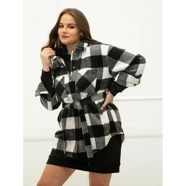ELOQUII Elements Plus Size Buffalo Plaid Belted Shacket - Walmart.com | Walmart (US)