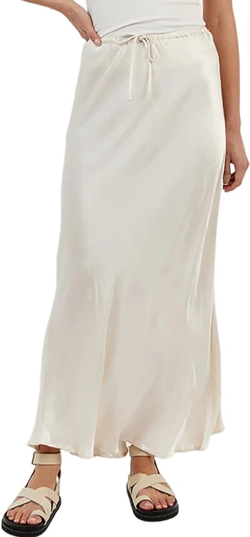 SAFRISIOR Women Drawstring High Waist Midi Skirt Satin Bias Cut Maxi Long Skirts Casual Solid Sum... | Amazon (US)