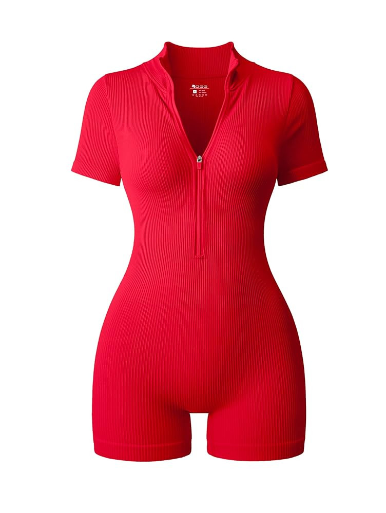 OQQ Women Rompers Ribbed Short Sleeve Zip Front Stretch Tummy Control Yoga Workout Rompers | Amazon (US)