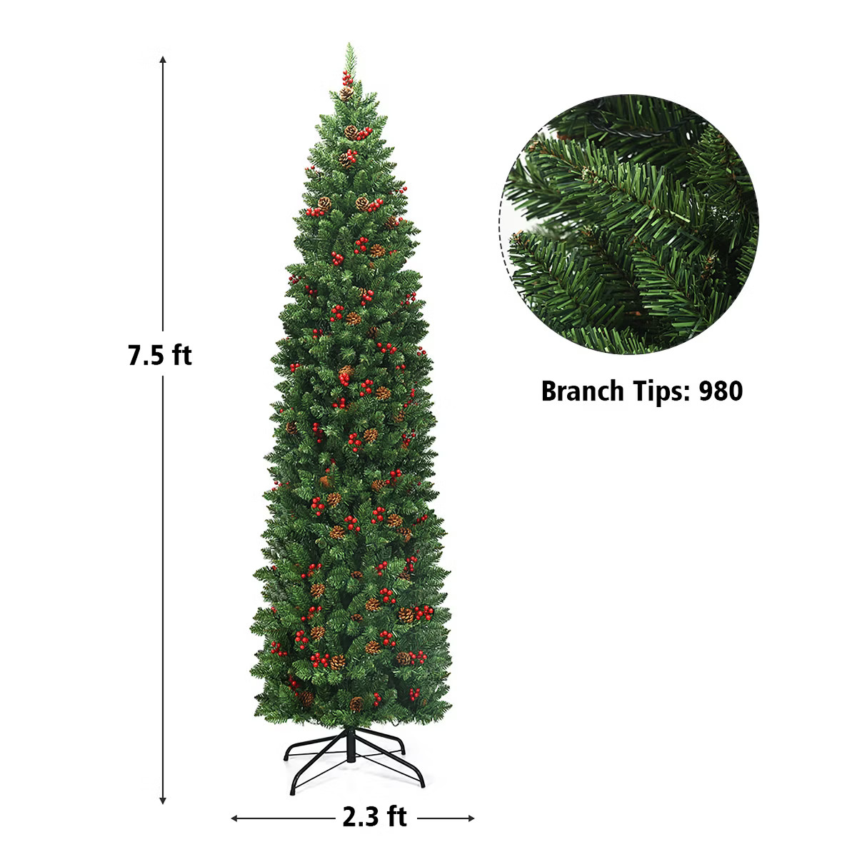 Costway 4.5Ft\6.5Ft\7.5Ft Pre-lit Hinged Pencil Christmas Tree w/Pine Cones Red Berries & 150\250... | Target