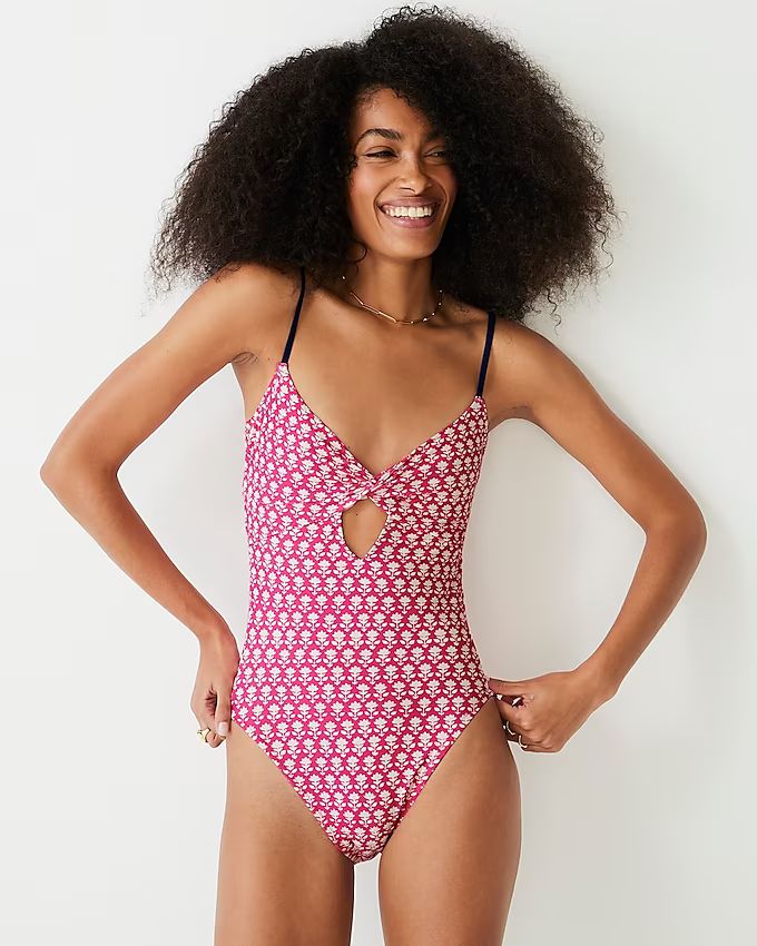 Twist-front keyhole one-piece swimsuit in pink stamp floral | J.Crew US