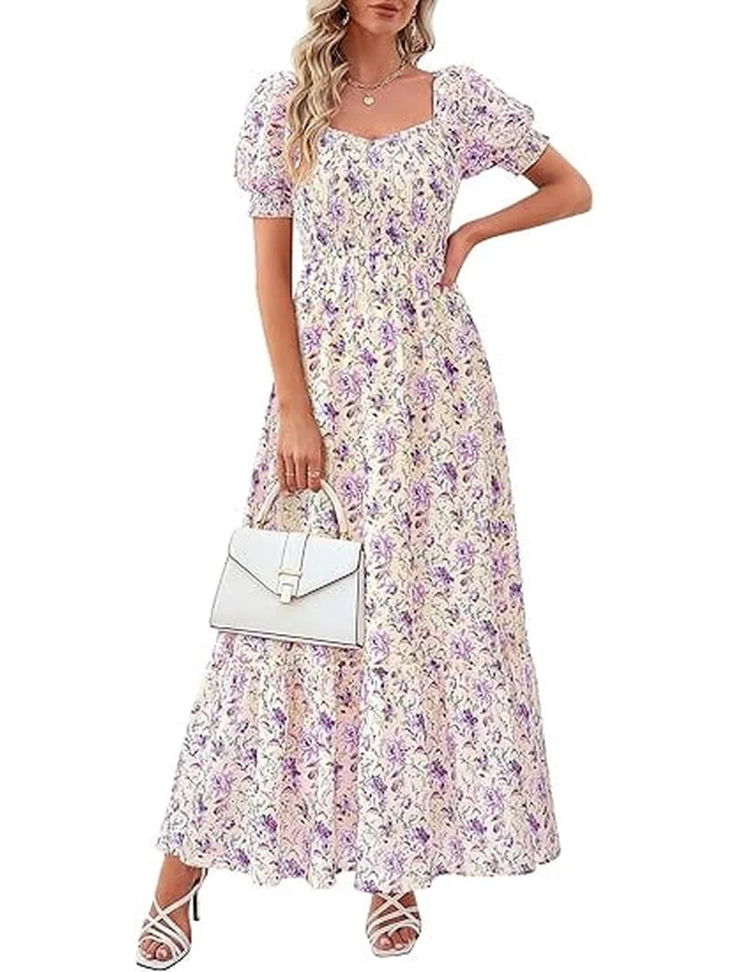PRETTYGARDEN Women's Floral Boho Maxi Dresses Flowy Short Sleeve A Line Smocked Eyelet Summer Bea... | Walmart (US)