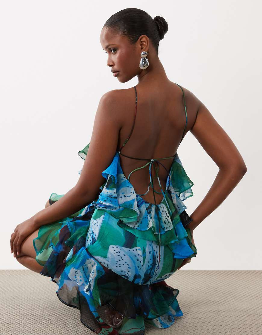 ASOS DESIGN ruffle halter maxi dress in blue green floral-Multi | ASOS (Global)
