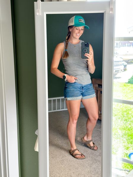 Planting day outfit 🪴 Favorite sandals ever (I even wear them as “slippers” around the house), casual tank, and mom shorts. Hat is 5518 Designs ( 5518designs.com) 🧢 
.
#momstyle 

#LTKstyletip #LTKunder50 #LTKFind