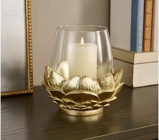 10" Magnolia Leaf Glass Hurricane w/Ribbed Candle by Kim Gravel - QVC.com | QVC
