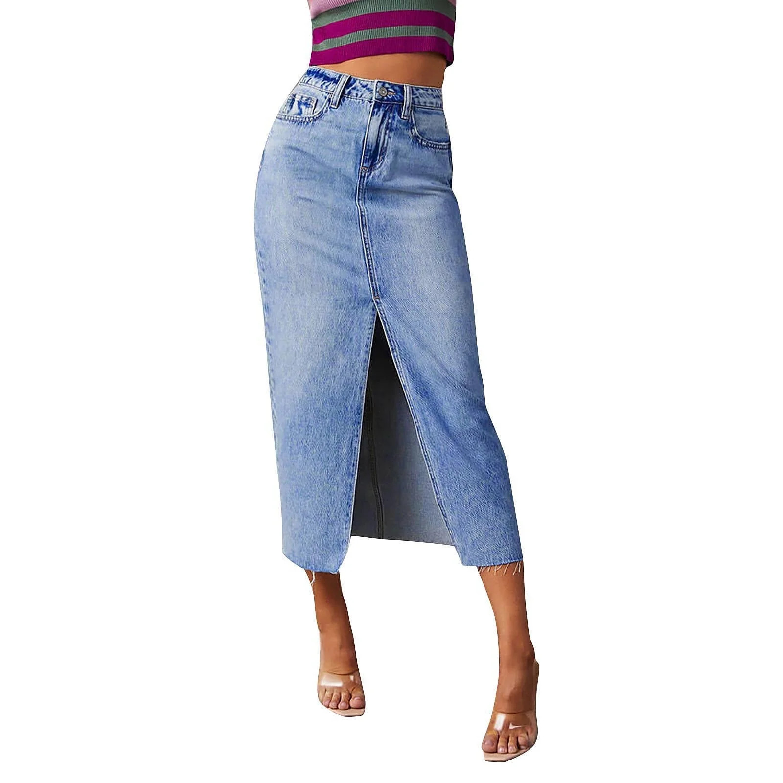 Mohiass Jean Skirt for Women Denim Skirt with Pockets Mid Waist Stretchy Long Split Skirts Light ... | Walmart (US)