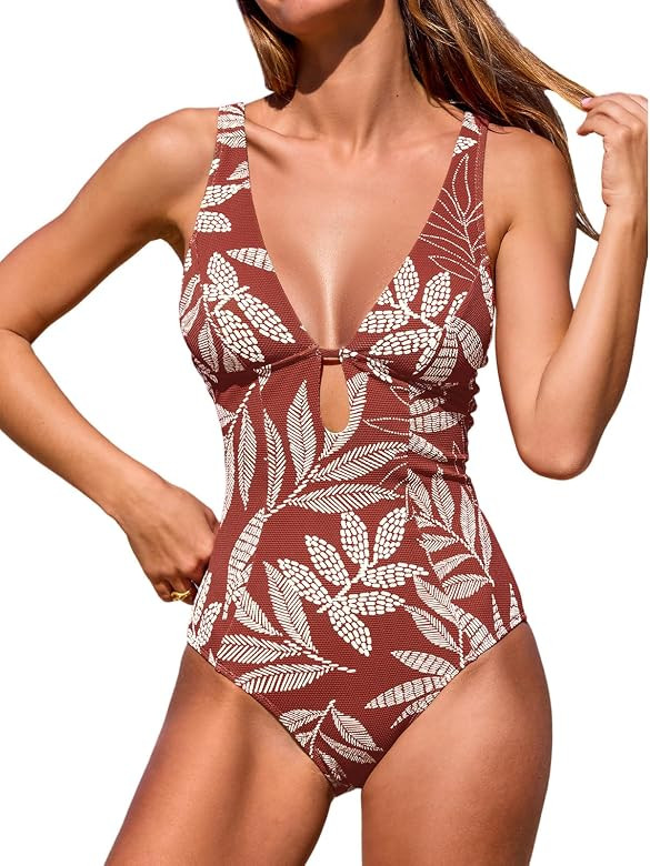 CUPSHE Women's One Piece Swimsuit Deep V Neck Keyhole Cutout O Ring Textured Bathing Suit | Amazon (US)