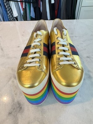 Gucci Peggy Rainbow Platform Sneakers EU 38 US 8 Gold Lace Up Slatform Shoes  | eBay UK | eBay UK