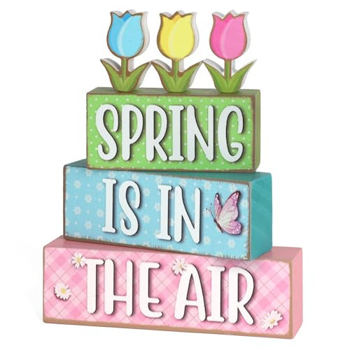 6 Pcs Spring Decorations for Home Wooden Tulips Flower Table Centerpieces Farmhouse Wood Block Signs Pastel Tulip Tabletop Easter Decor Indoor Tiered Tray Office Desk Shelf Mantel Fireplace Kitchen | Amazon (US)