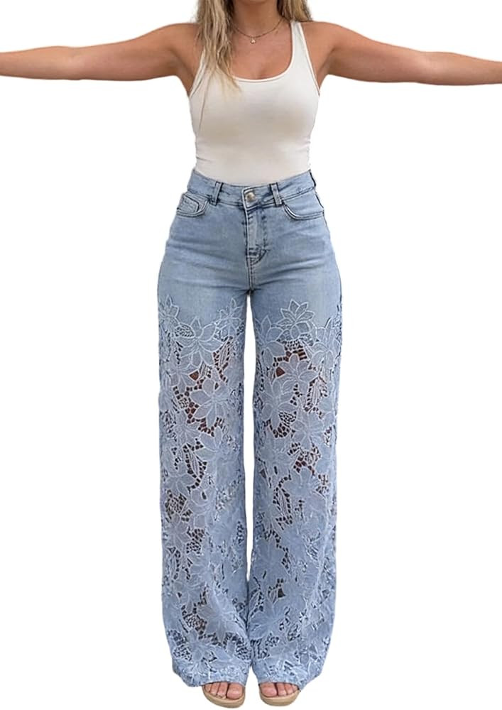 Women's Lace Floral Jeans Embellished Jeans Hollow Out Straight Leg Trendy Denim Baggy Pants | Amazon (US)