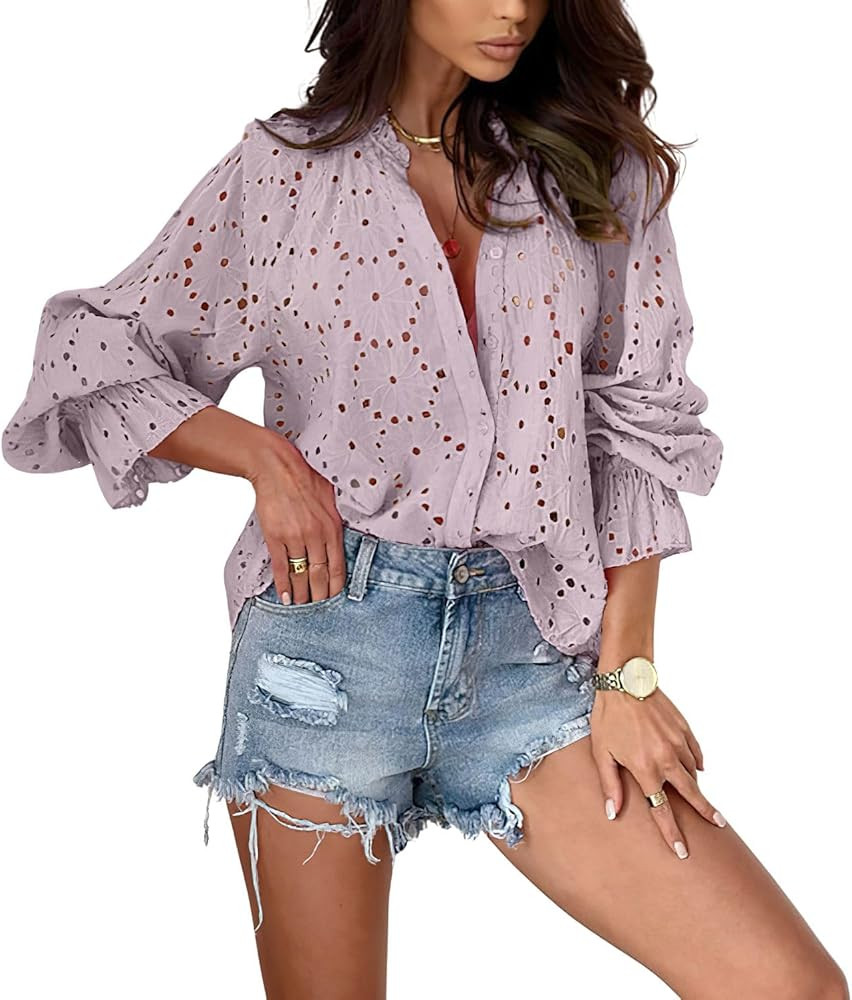 chouyatou Women's Boho Crochet Shirts Lantern Sleeve Button Down Lace Eyelet Blouse Tops | Amazon (US)
