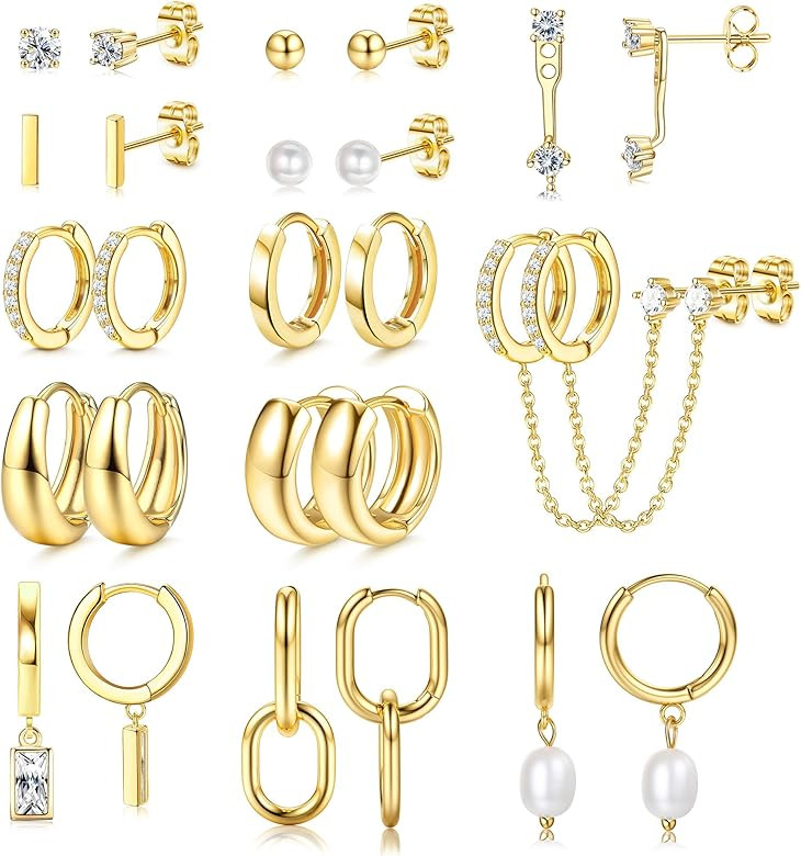 BESTEEL 13 Pairs Small Gold Hoop Earrings Set for Women 14K Gold Plated Lightweight Huggie Hoops ... | Amazon (US)
