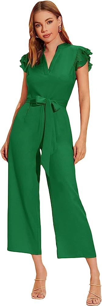 WDIRARA Women's Layered Ruffle Cap Sleeve Notched V Neck Belted Jumpsuit Pants | Amazon (US)