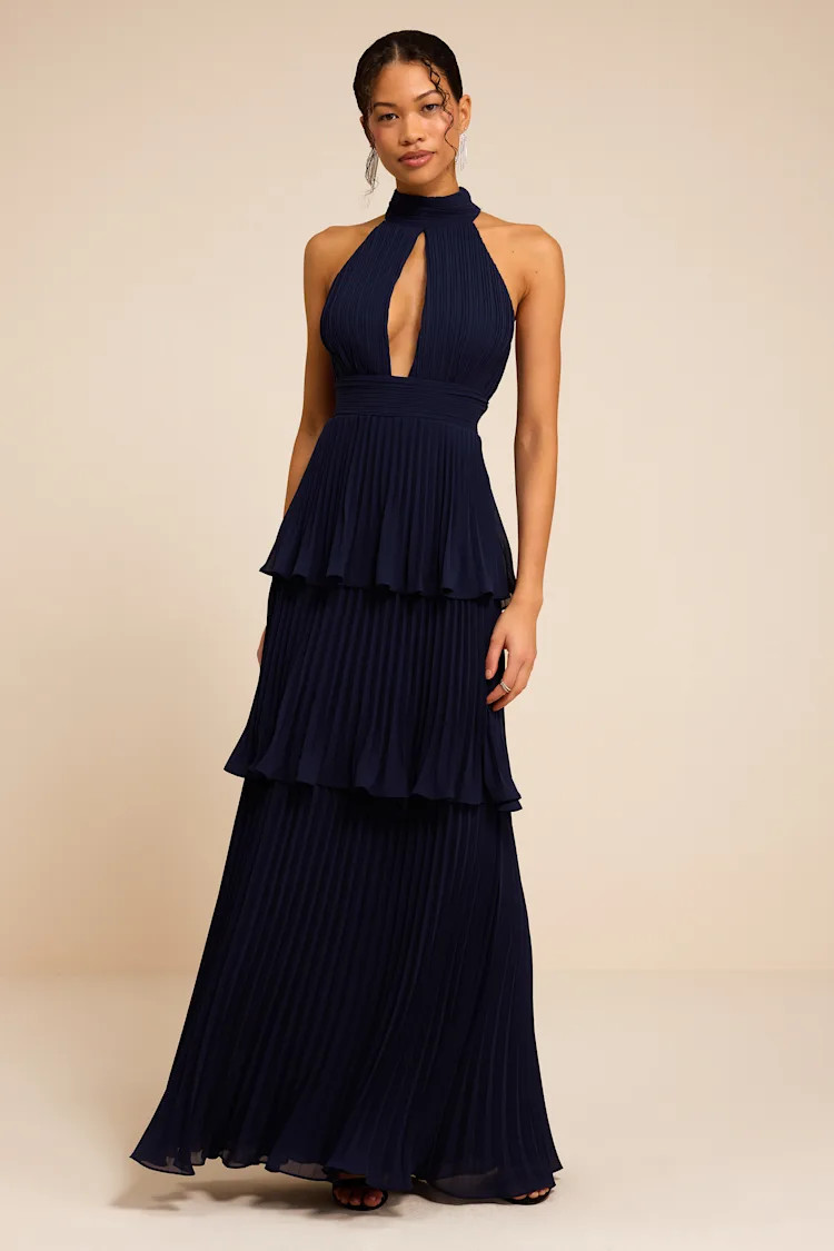 Mavia Navy Pleated Cutout Tiered Maxi Dress | Lulus