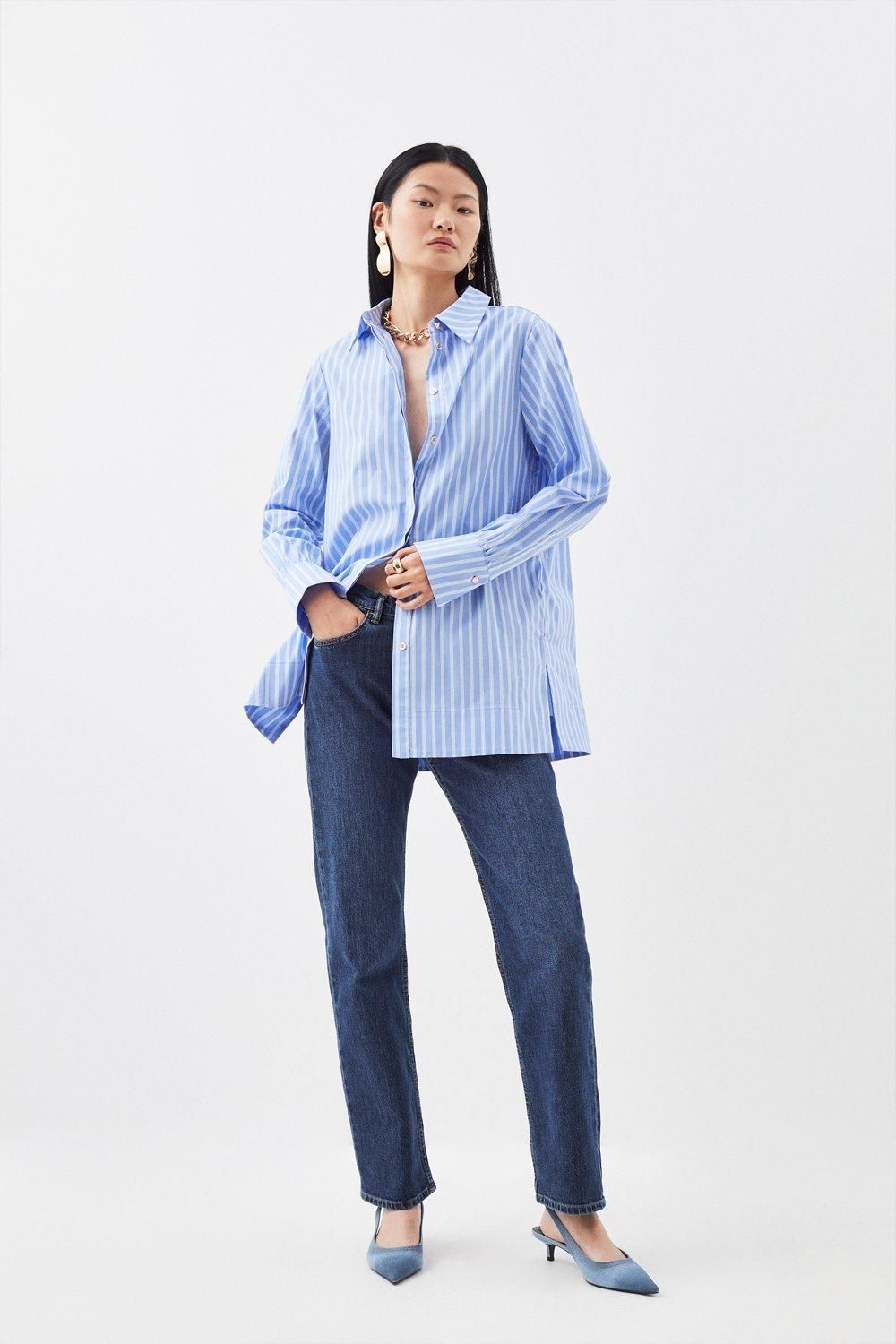 Cotton Poplin Button Sleeve Detail Shirt | Karen Millen UK + IE + DE + NL