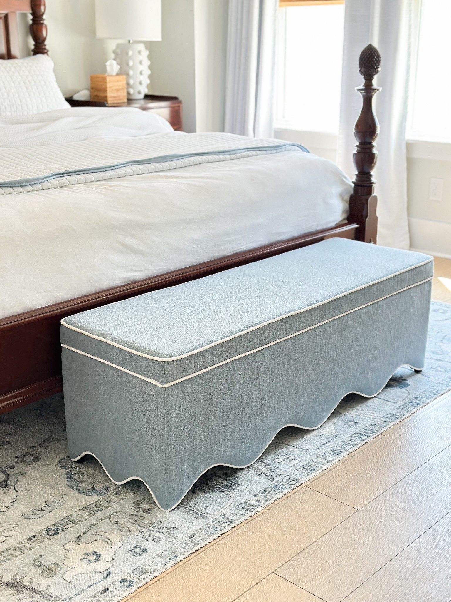 Blue scallop storage bench 😍

HomeGoods find, TJ Maxx find, Lillian August, end of bed bench, storage bench, blue bench, scallop bench, Grandmillennial style, bedroom furniture, bedroom decor, bedroom inspo 

#LTKStyleTip #LTKHome
