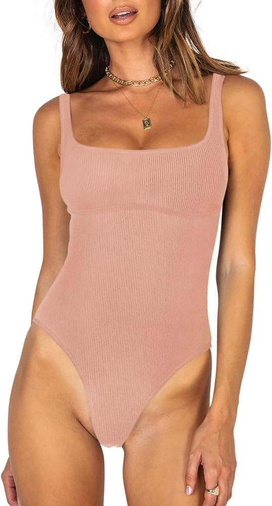 REORIA Women’s Sexy Square Neck Sleeveless Underbust Detailing Ribbed Tank Thong Bodysuits Tops | Amazon (US)