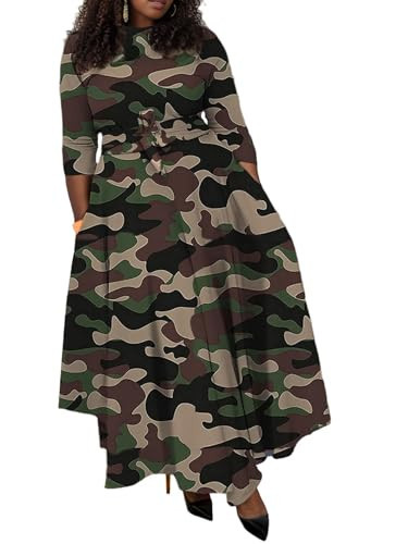 Baczoe Plus Size Outfits for African Women Camouflage 3/4 Sleeve Crew Neck Maxi Dress with Pockets (Green Camo, L) | Amazon (US)