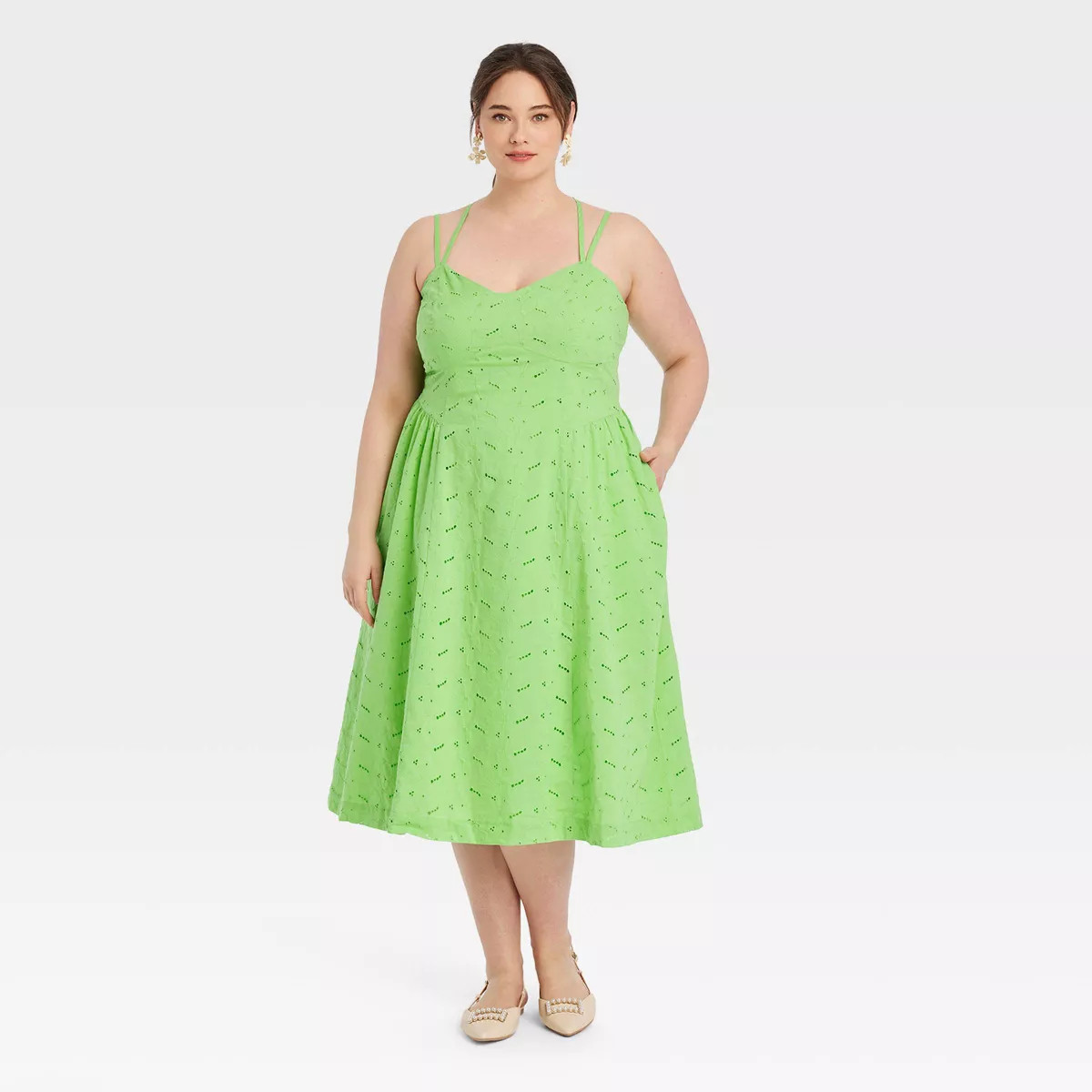 Women's Eyelet Midi Sundress - A New Day™ Green XXL | Target