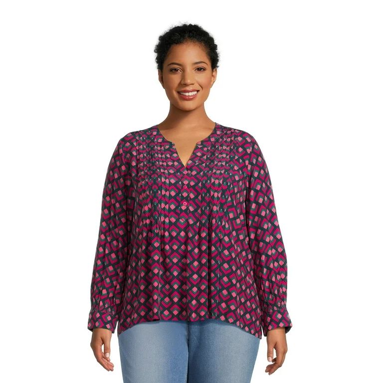Terra & Sky Women's Plus Size Pleated Long Sleeve Blouse | Walmart (US)
