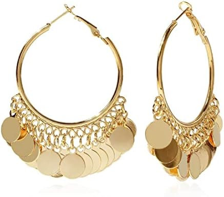 Bohemian Chandelier Tassel Sequins Dangle Drop Earrings Gold Filigree Earrings Coin Disc Hoop Ear... | Amazon (US)