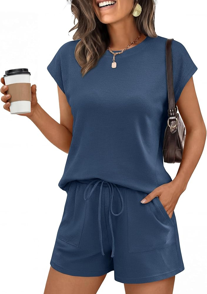 ANRABESS Womens Waffle Knit 2 Piece Short Sets Cap Sleeve Summer 2026 Matching Lounge Outfits Tra... | Amazon (US)
