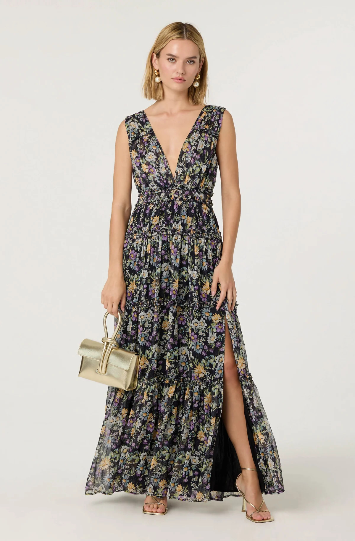 Edessa Tiered Ruffle Maxi Dress - Black floral / XS | ASTR The Label (US)