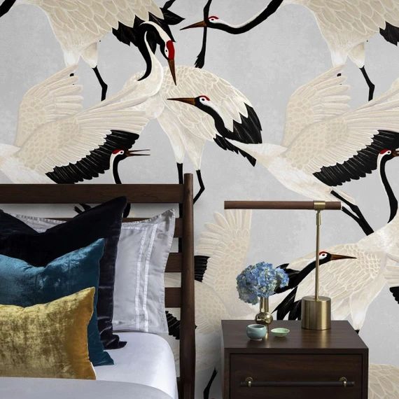 Grey Heron Print Wallpaper, Asian Birds Wall art, Contemporary Design Wall Decor, Vintage Crane R... | Etsy (US)