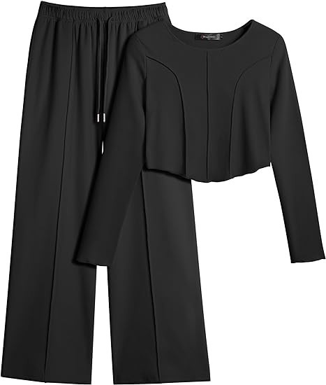 Bloggerlove Women Two Piece Outfits Lounge Sets Warm Fall Fashion Long Sleeve Crop Top Wide Leg P... | Amazon (US)