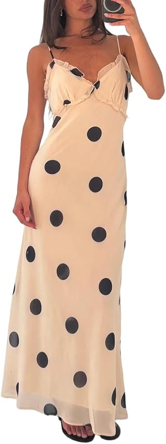 LILTWIST Women Polka Dot Maxi Dress Spaghetti Strap Flowy Backless Long Dress Elegant Mesh Sheer ... | Amazon (US)