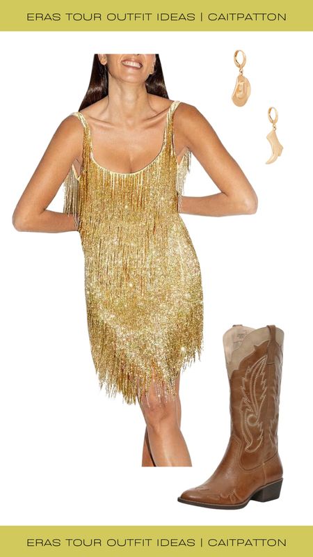 Fearless eras tour outfit idea! Outfit inspired by Taylor's outfit during the Fearless era on tour! 

Tassel dress, gold tassel dress, gold fringe dress, fringe dress, noodle dress, brown cowgirl boots, brown cowboy boots, cowgirl earrings, eras tour outfit idea, eras tour outfit, fearless outfit idea, fearless outfit, fearless era outfit idea, fearless era outfit, fearless eras outfit, fearless eras outfit idea, taylor swift eras tour outfit, taylor swift eras tour outfit idea, taylor swift fearless outfit, Taylor swift fearless outfit idea 

#LTKfindsunder100 #LTKstyletip #LTKshoecrush