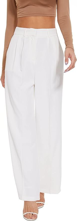 FUNYYZO Women's Wide Leg Pants High Elastic Waisted in The Back Business Work Trousers Long Strai... | Amazon (US)