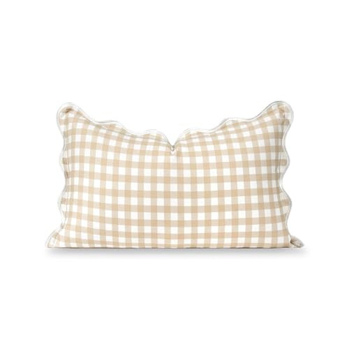 Hofdeco Premium Coastal Hampton Scalloped Patio Indoor Outdoor Lumbar Pillow Cover Only, 12"x20" Water Repellent for Backyard, Couch, Poolside, Neutral Tan Print Gingham | Amazon (US)