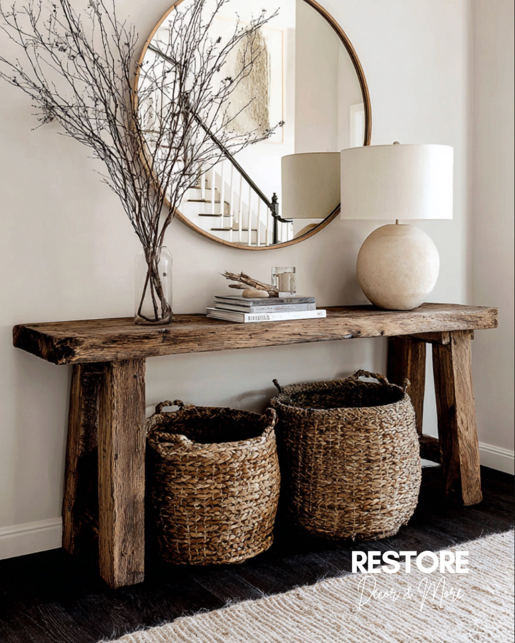 Warm, rustic entryway perfection 🤎 The mix of a reclaimed wood console, round wall mirror, and textured woven baskets creates such an inviting first impression. Loving the balance of natural tones with the stone-like table lamp and airy glass vase—simple, timeless, and cozy all at once. 

#entrywaydecor #consoletable #rusticentryway #roundmirror #tablelamp #wovenbaskets #vasedecor #neutraldecor #modernrustic #woodfurniture #entrywayinspo #homeentryway #rustichome #organicmodern #homestyling 

 #LTKHome