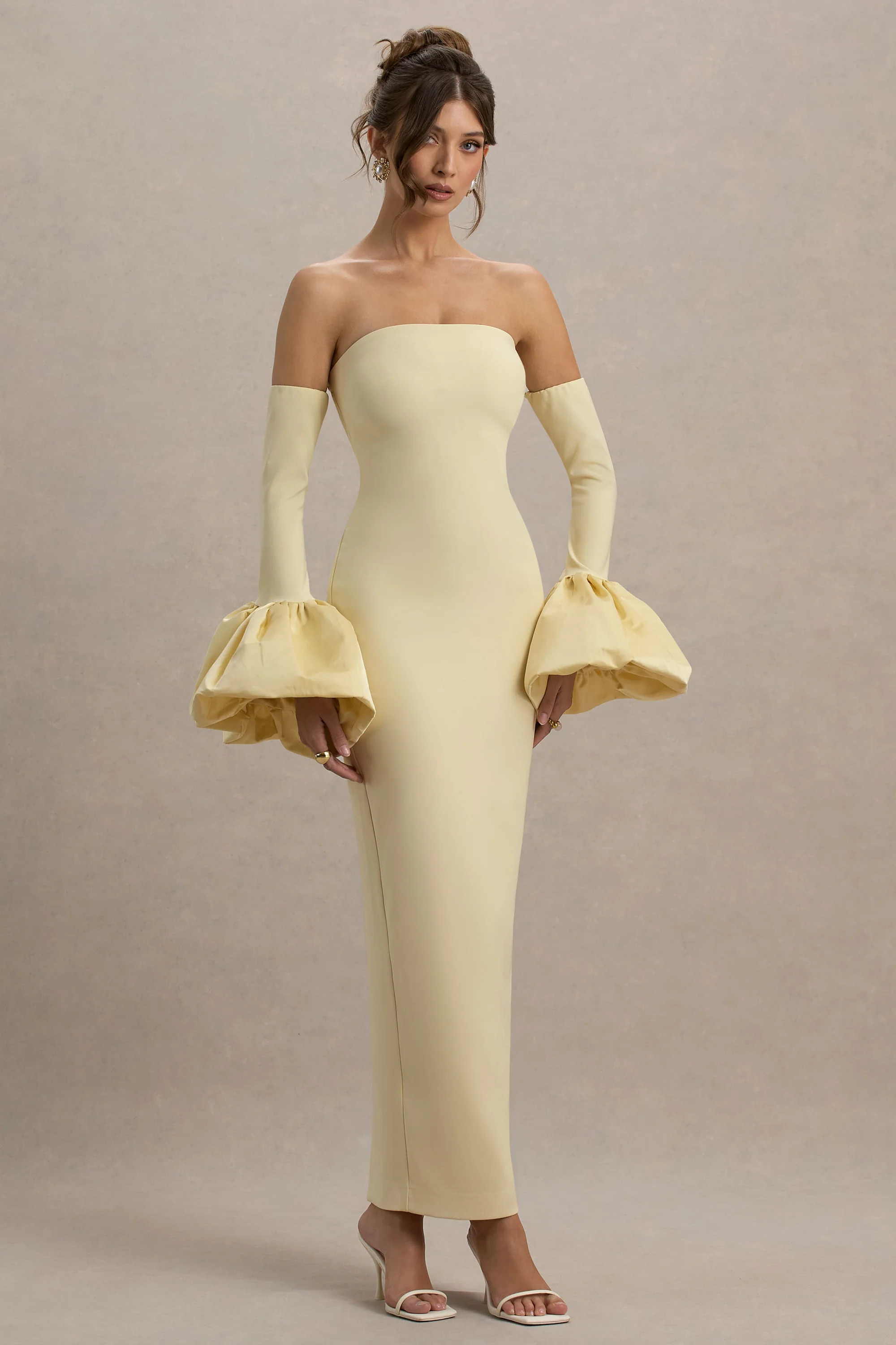 Myah | Lemon Bandeau Long-Sleeve Maxi Dress With Puff Cuffs | Club L London