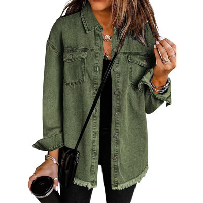 Zeagoo Jean Jackets for Women Ripped Fringe Denim Jean Jacket Casual Long Sleeve Pockets Jackets Coat Army Green S | Target
