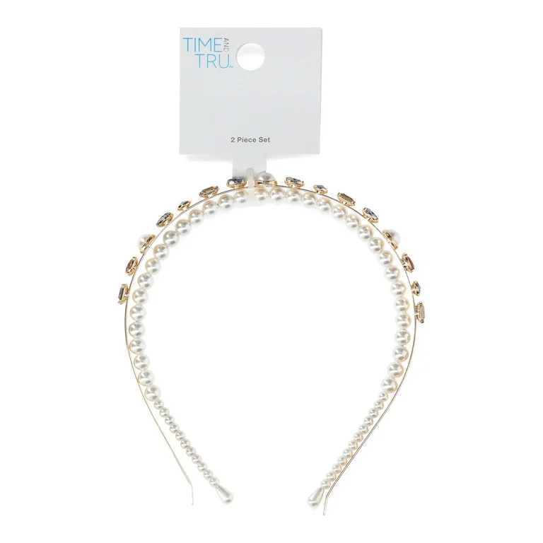 Time and Tru Women's Rhinestone Embellished and Faux Pearl Hair Headband 2-Piece Set, Blue - Walm... | Walmart (US)