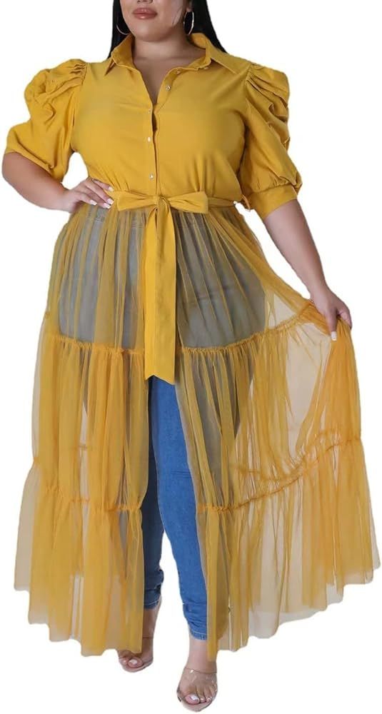 Sunlips Women's Sexy Plus Size Lapel Shirt Dresses Mesh See Through Puff Short Sleeve Flowy Swing... | Amazon (US)