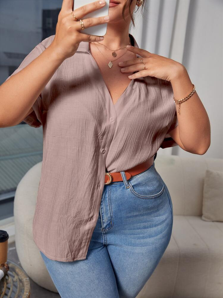 Plus Solid Button Front Blouse | SHEIN