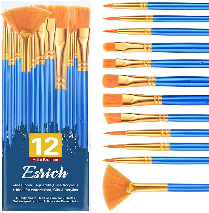 ESRICH Paint Brushes Set,1pack/12pcs Nylon Hair Round-Pointed Tip Acrylic Paint Brushes for Water... | Amazon (US)