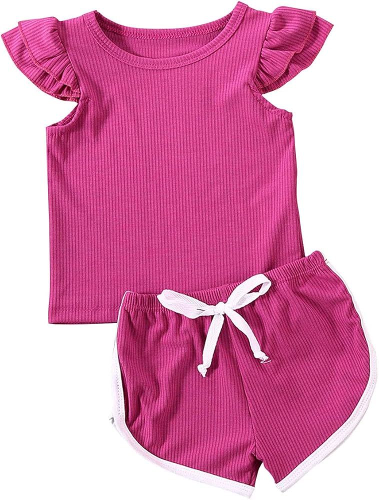 Baby Girls Summer Clothes Ruffle T Shirt Tops + Drawstring Shorts Outfit Set Cotton Clothing | Amazon (US)