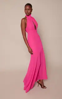 Fuschia Chiffon Asymmetric Dropped Waist Halterneck Maxi Dress | PrettyLittleThing UK