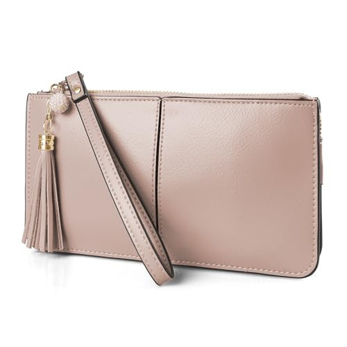 befen Genuine Leather Wristlet Clutch for Women Ultra-Slim Ladies Credit Card Holder Wallet Purses with RFID Protection (Light Beige Pink) | Amazon (US)