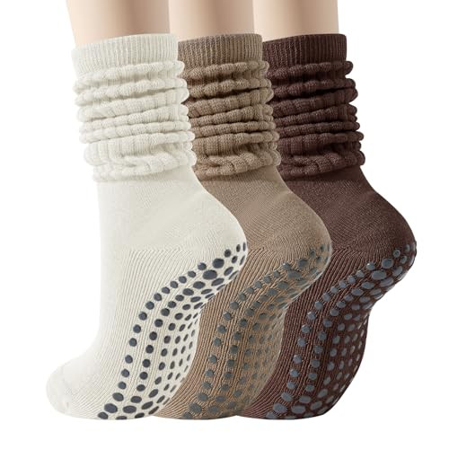 Pilates Socks with Grips for Women, 3 Pairs Long Scrunch Non Slip Yoga Barre Hospital Slouch Sock... | Amazon (US)