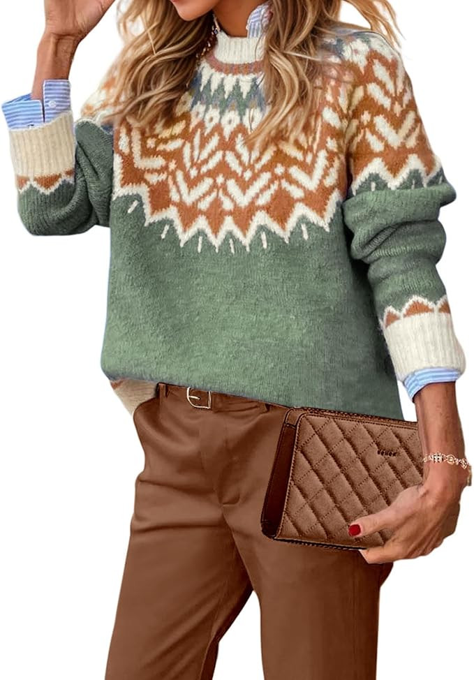 EARKOHA Women's Casual Mock Neck Ribbed Sweater Pullover 2025 Fall Long Sleeve Print Fair Isle Sw... | Amazon (US)